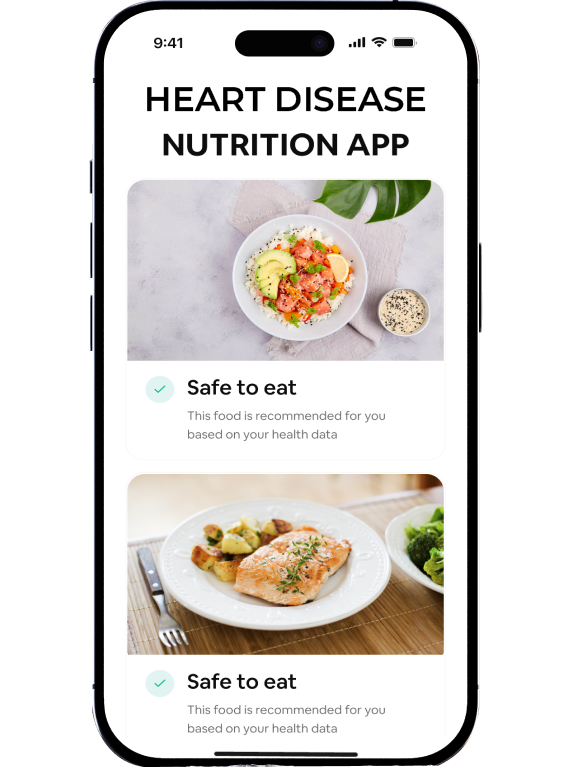 Heart disease nutrition app on smartphone screen displaying safe-to-eat meals for heart health, mobile diet app interface with personalized food recommendations and healthy plates.